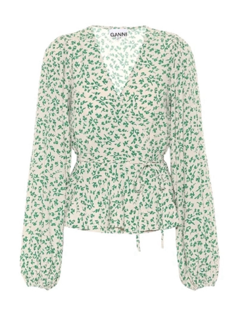 Ganni Long Sleeve Wrap V-Neck Leaf Print Crepe Blouse Size 40 Medium